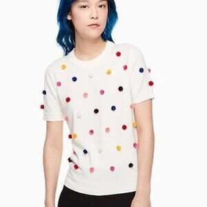 EUC Kate Spade Pom Cashmere Cotton Sweater Multicolor Pom Poms Tee Size XS